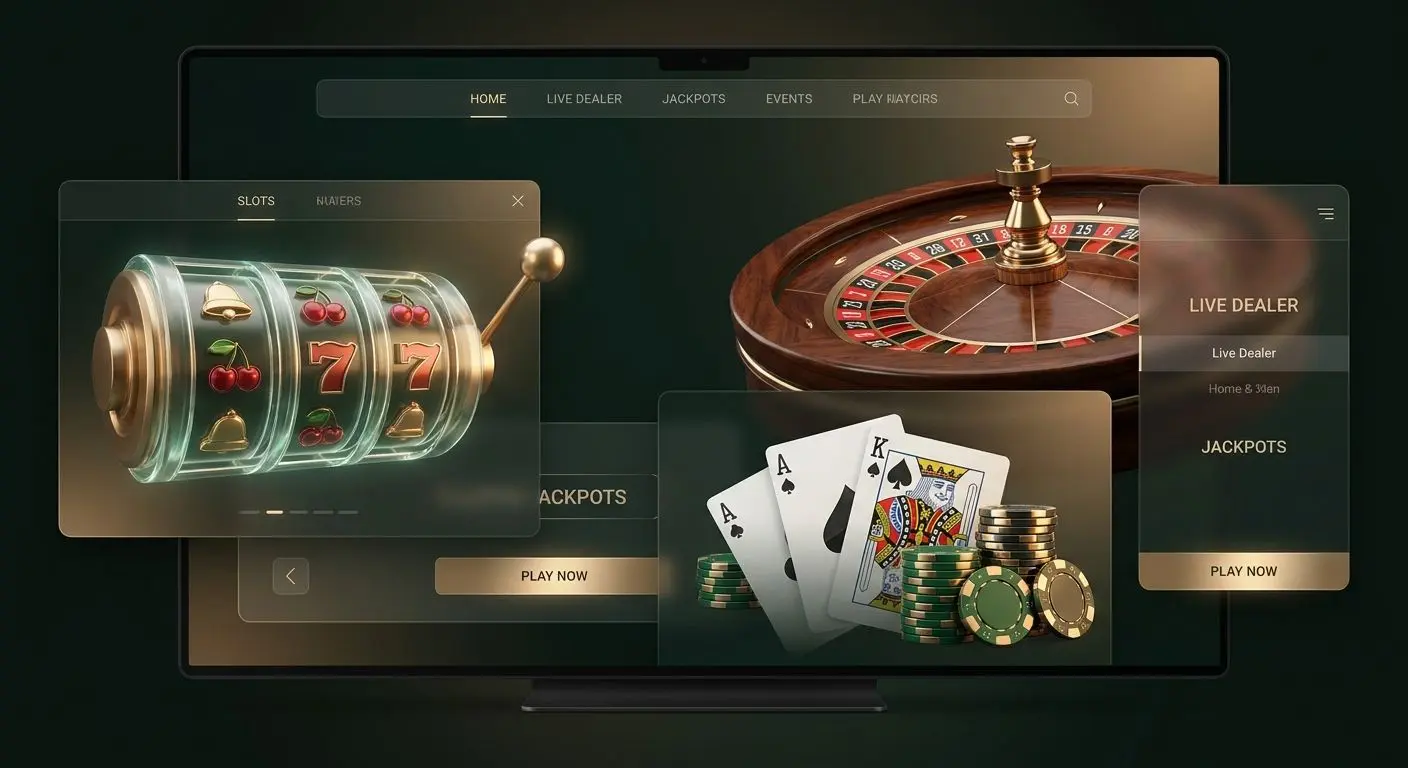 Variedade de ofertas e jogos no ambiente online Colagem de slots, roleta, blackjack, fichas e cartas num ambiente de jogo online